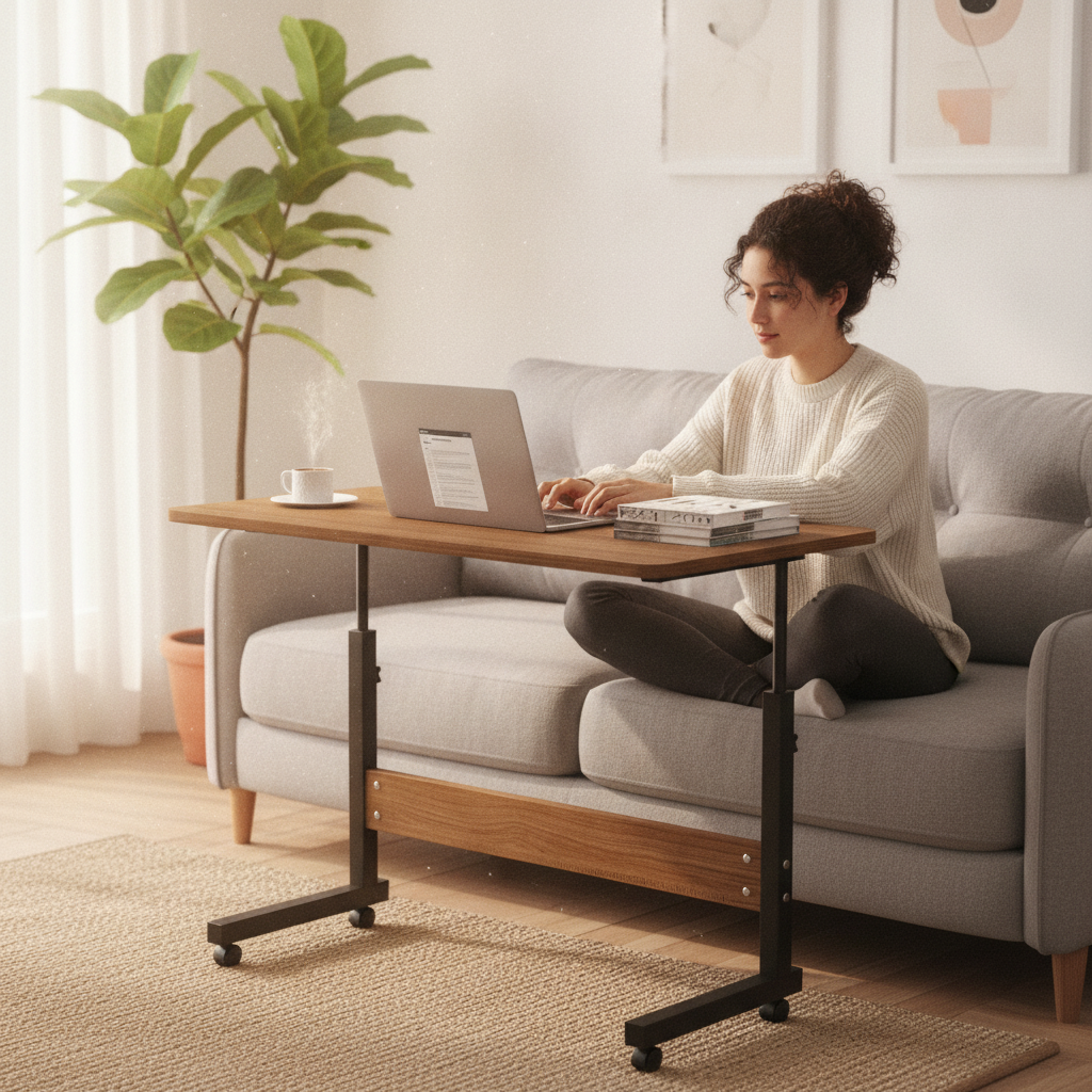 Escritorio auxiliar ajustable con ruedas en living chileno mujer teletrabajo laptop