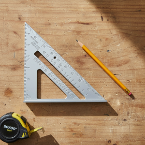 Escuadra triangular sobre mesa de trabajo con lápiz y huincha