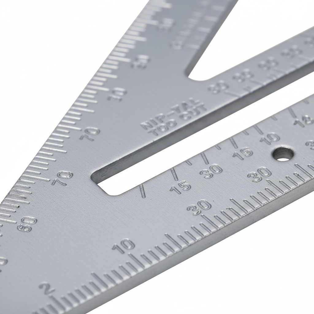 Manos marcando línea recta en madera con escuadra rápida triangular