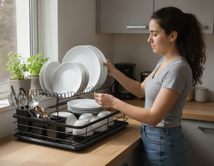 Escurridor loza familia chilena cocina marmol platos blancos ordenados