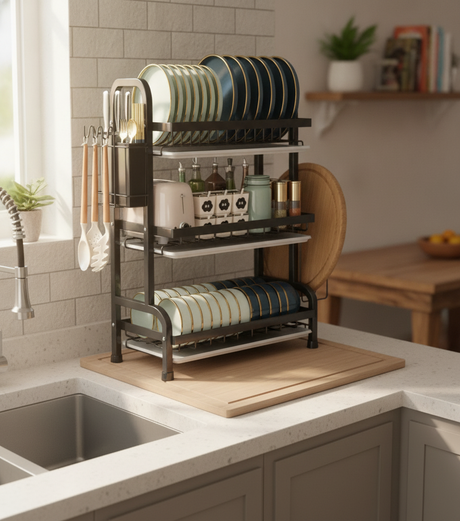 Escurridor platos 3 niveles negro encimera cocina chilena moderna lifestyle