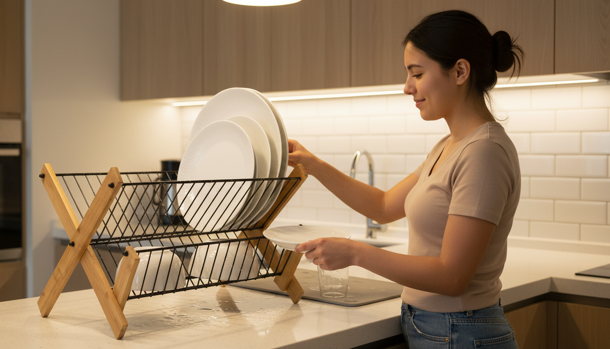 Secaplatos bambú cocina chilena moderna platos secando luz natural
