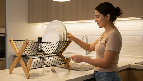 Secaplatos bambú cocina chilena moderna platos secando luz natural