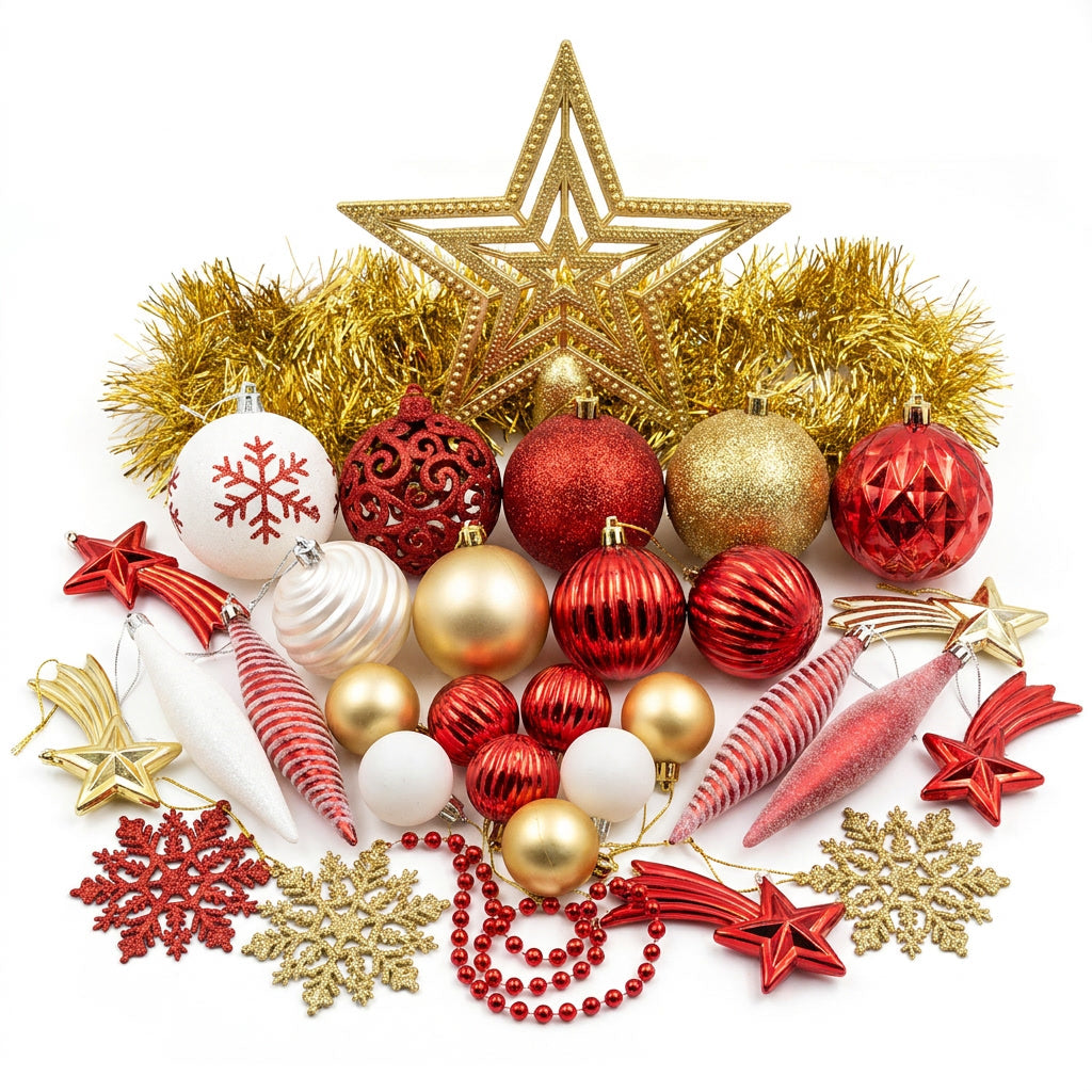 Set 103 piezas adornos navidad esferas rojo blanco dorado vista completa