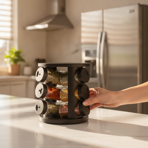 Especiero giratorio negro en cocina chilena moderna encimera marmol
