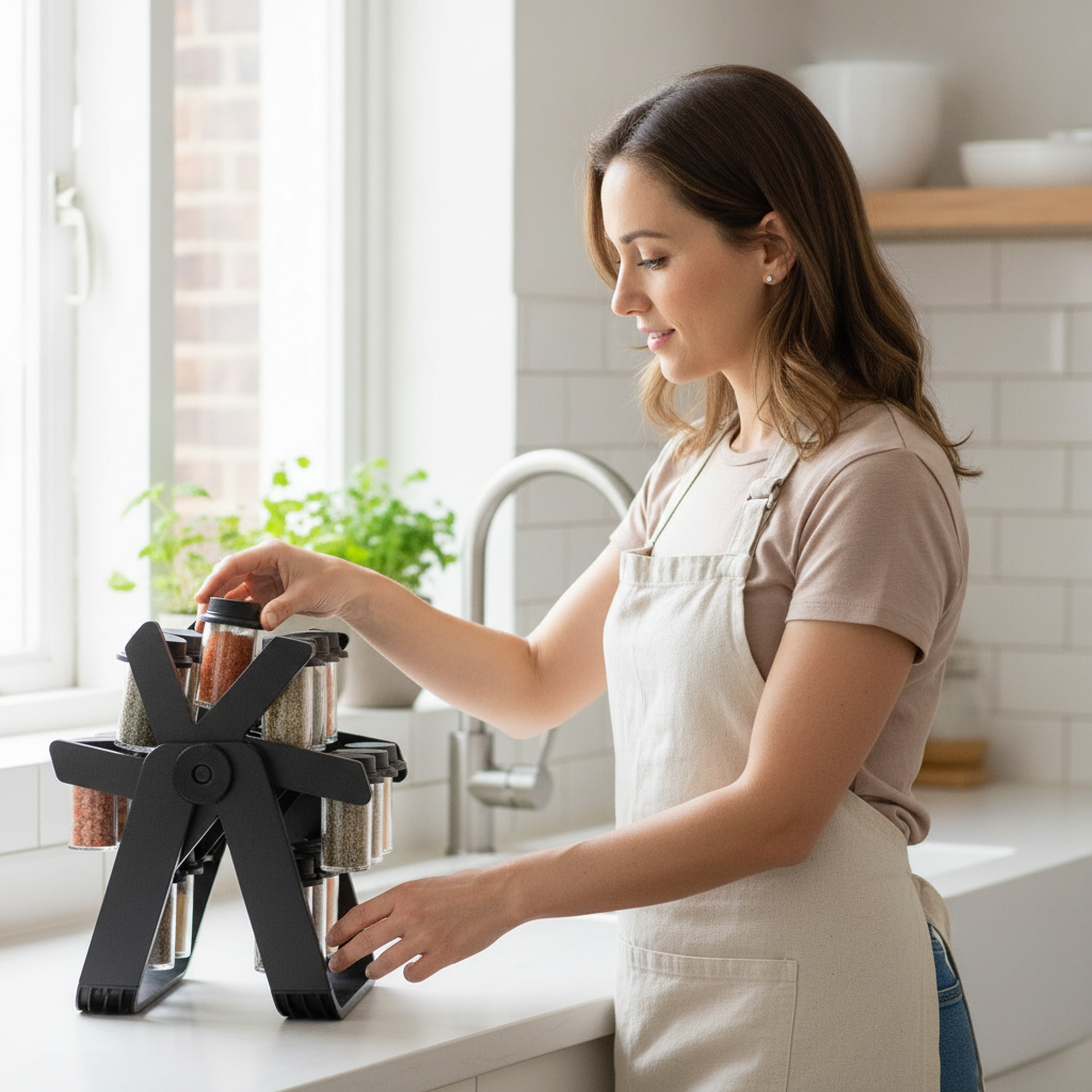 Especiero 18 frascos giratorio 360 mujer cocina chilena uso diario