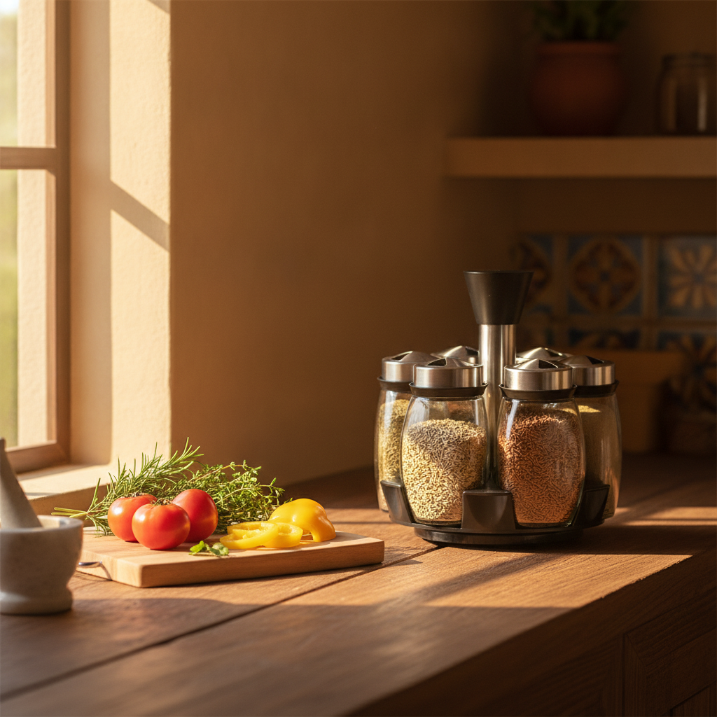 Condimentero giratorio vidrio cocina chilena mesón madera especias organizadas