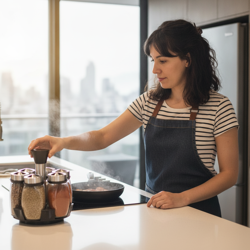 Mujer usando especiero giratorio cocina moderna Santiago frascos vidrio cromo
