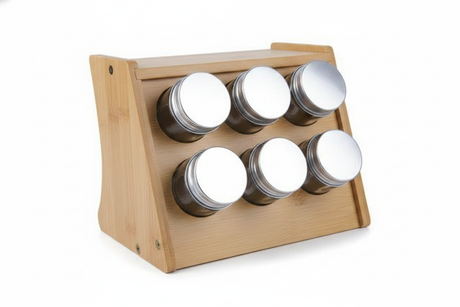 Especiero madera bambú 6 frascos organizador condimentos vista frontal fondo blanco