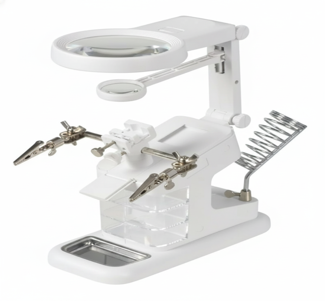 Estacion soldadura lupa LED 2x 4x pinzas cocodrilo soporte cautin base blanca vista frontal