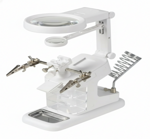 Estacion soldadura lupa LED 2x 4x pinzas cocodrilo soporte cautin base blanca vista frontal