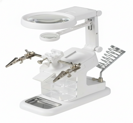 Estacion soldadura lupa LED 2x 4x pinzas cocodrilo soporte cautin base blanca vista frontal