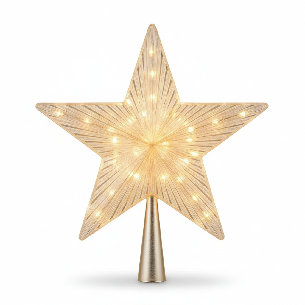 Estrella punta arbol navidad LED calida dorada 15cm vista frontal fondo blanco