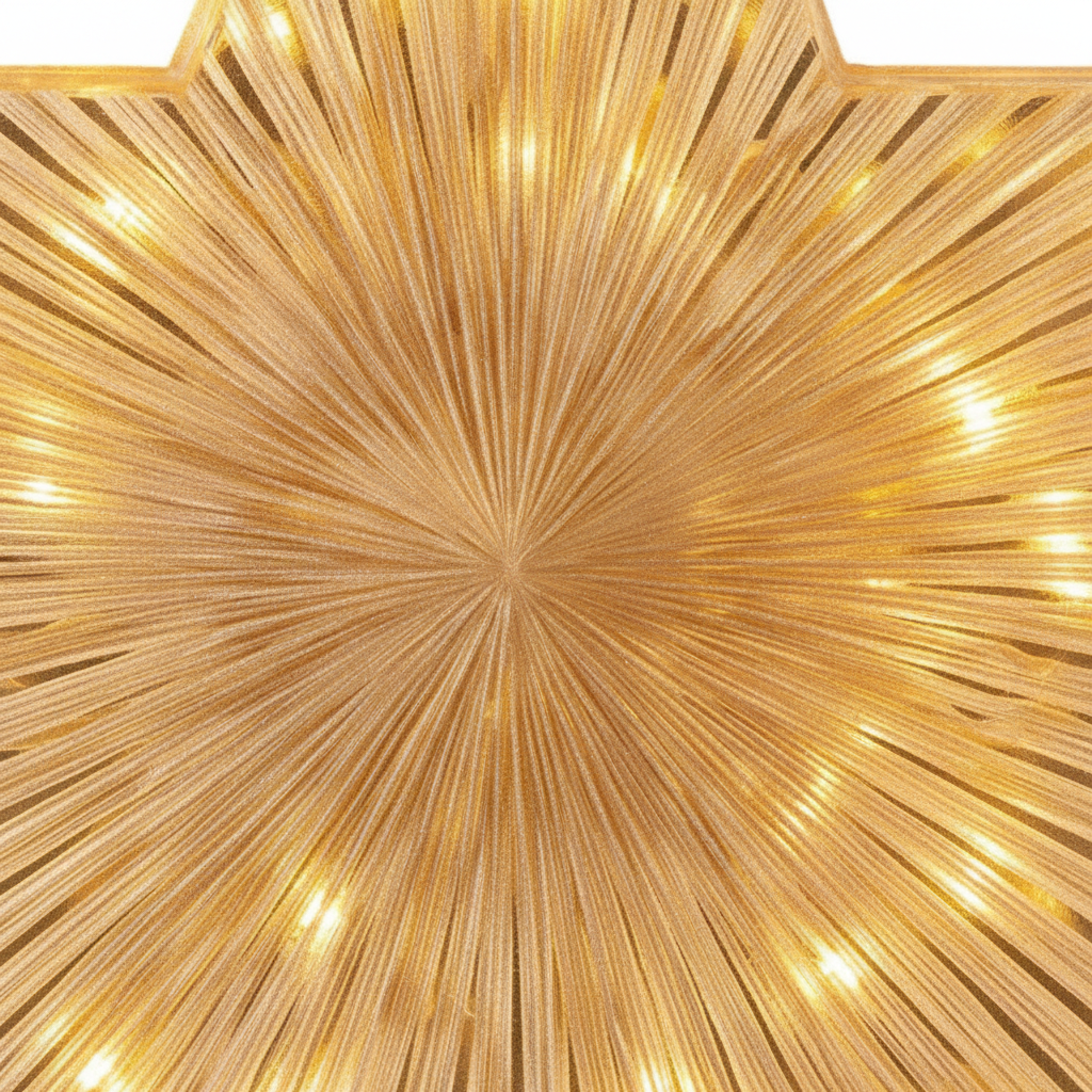Detalle textura plastico dorado estrella punta arbol navidad luces LED calidas