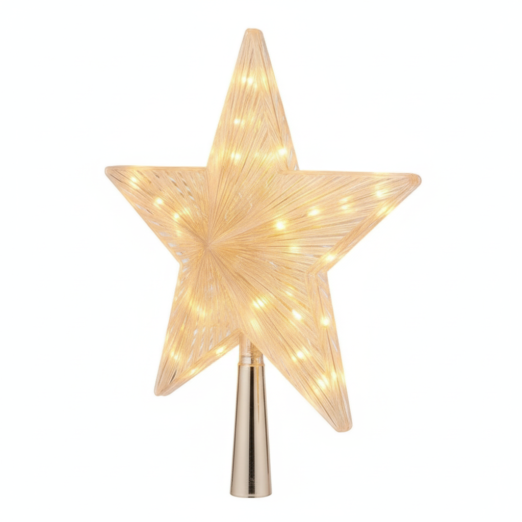 Estrella punta arbol navidad LED dorada angulo 45 grados fondo blanco estudio