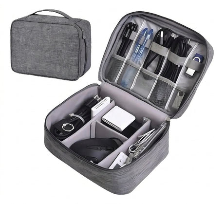 Estuche organizador cables accesorios viaje gris doble capa abierto vista frontal