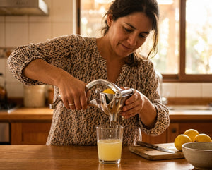 Sacajugos manual cromado en asado chileno con naranjas y limones