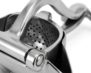 Exprimidor citrico acero inoxidable en cocina chilena moderna con frutas
