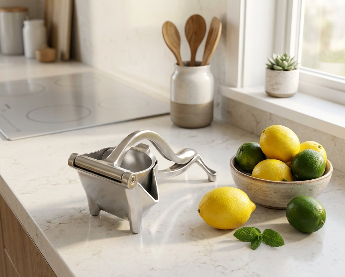 Mujer usando exprimidor manual de limon en cocina soleada Chile
