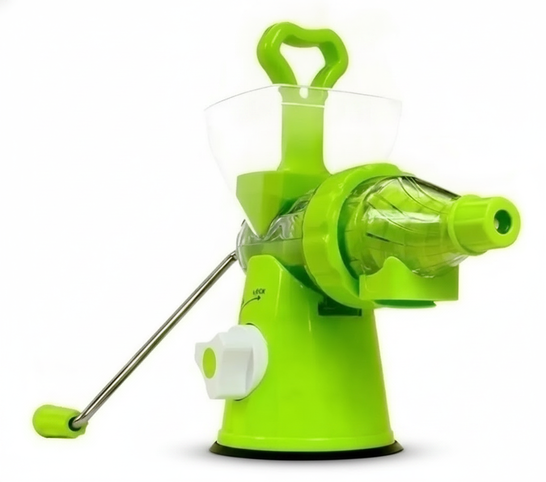 Exprimidor manual extractor jugo frutas verduras verde vista frontal fondo blanco