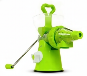 Exprimidor manual extractor jugo frutas verduras verde vista frontal fondo blanco