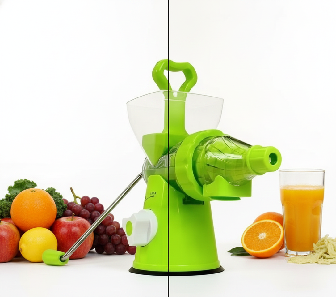 Mujer usando exprimidor manual verde extrayendo jugo naranja fresco