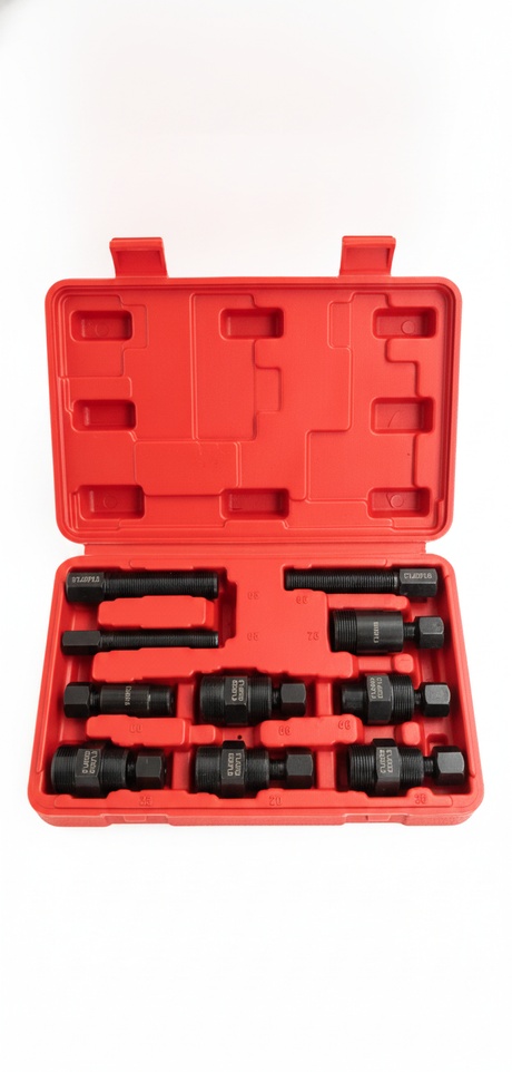 Juego extractor volante motor moto 10 piezas acero negro estuche rojo vista frontal