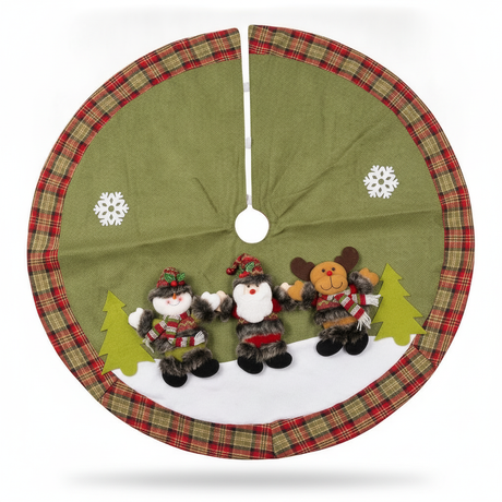 Faldón navideño 120cm verde cuadrillé con 3 muñecos decorativos vista frontal