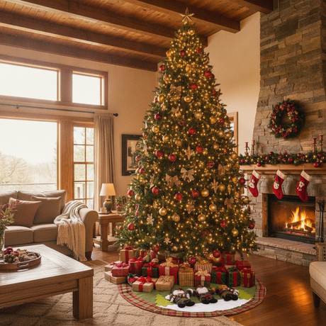 Faldon arbol navidad verde escoces living chileno con regalos y luces