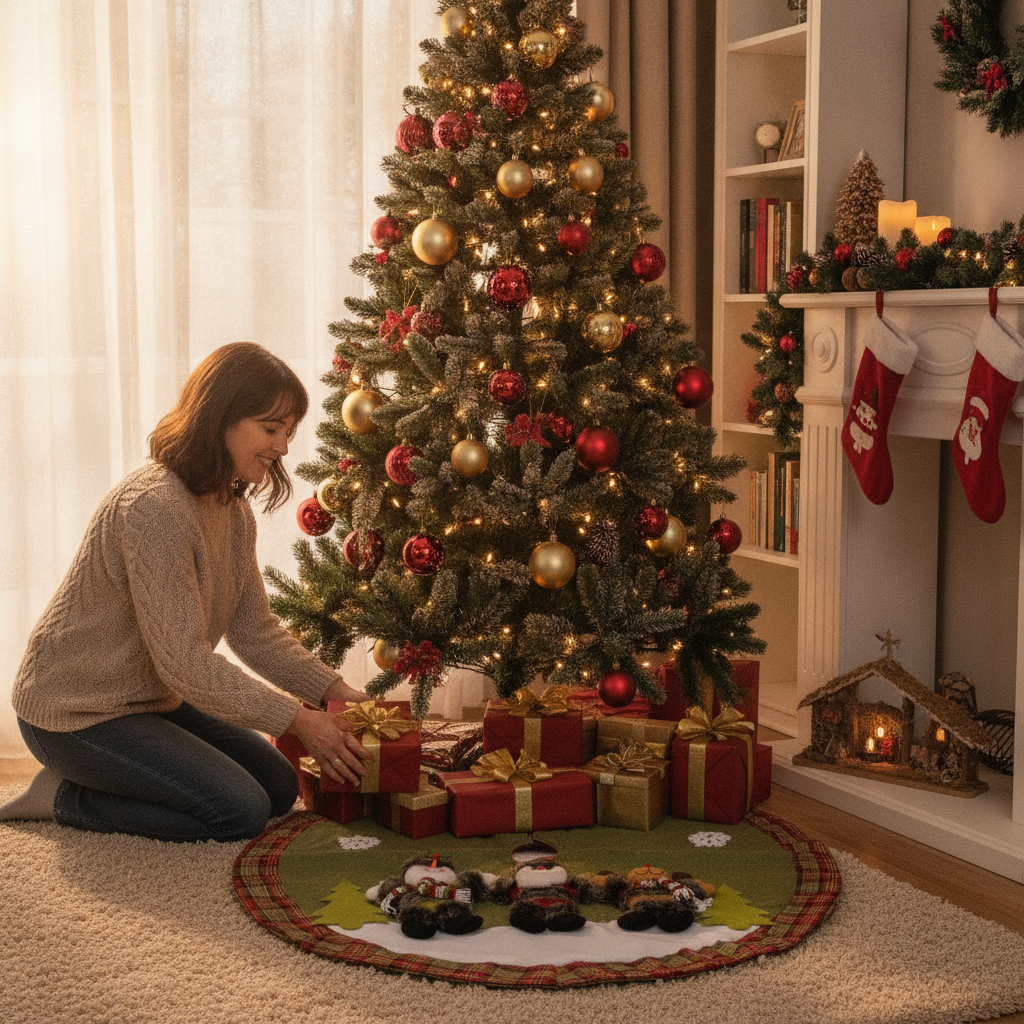 Faldón navideño verde con muñecos felpa colocado en base arbol sala estar