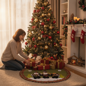 Faldón navideño verde con muñecos felpa colocado en base arbol sala estar