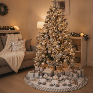 Faldón árbol navidad plateado decorando living navideño hogar chileno