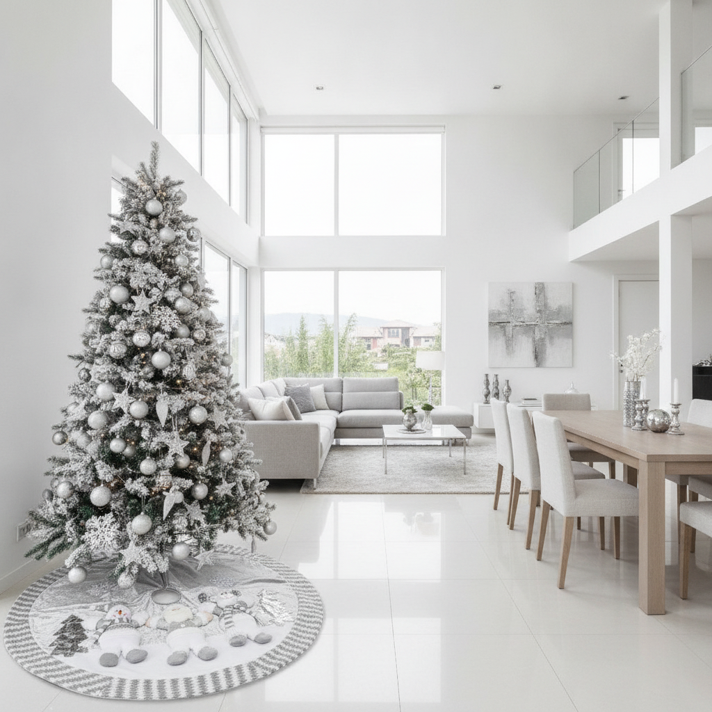 Faldon navideno plateado con munecos 3D en arbol navidad salon moderno