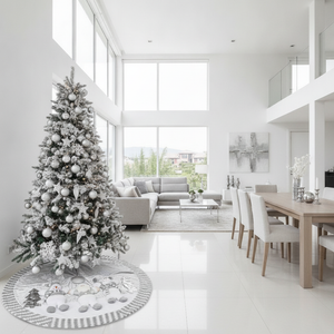 Faldon navideno plateado con munecos 3D en arbol navidad salon moderno