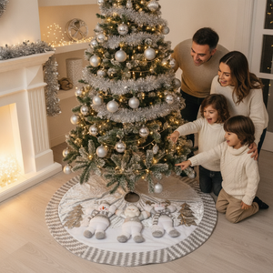 Familia chilena disfrutando faldon navidad plateado munecos peluche bajo arbol