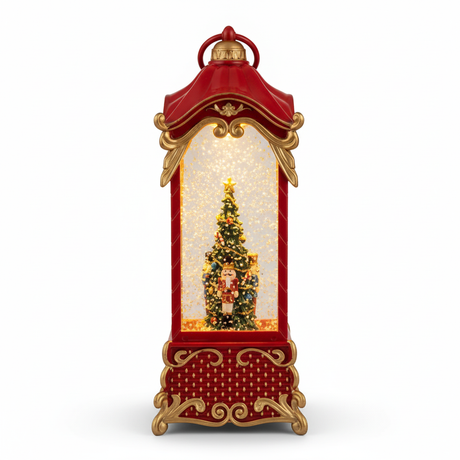Farol navideño agua musical LED rojo dorado 33cm vista frontal