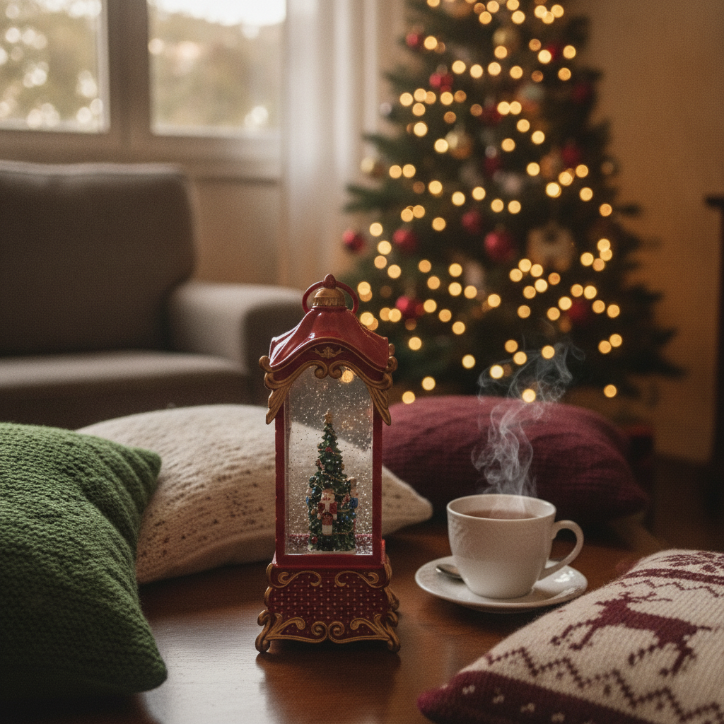 Farol navideño decorativo con luz LED en living chileno festivo