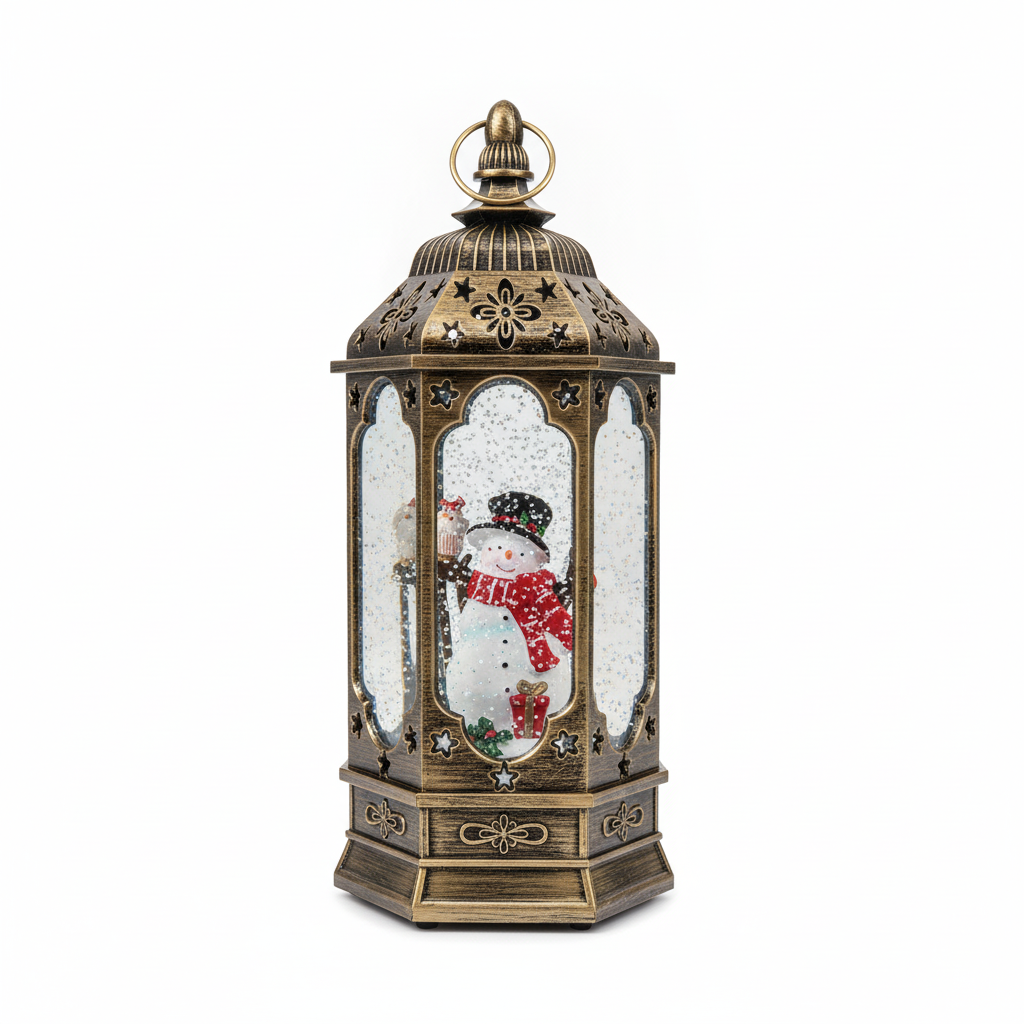 Farol navideño muñeco de nieve musical luz LED bronce dorado vista frontal
