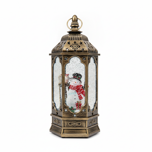 Farol navideño muñeco de nieve musical luz LED bronce dorado vista frontal