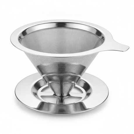 Filtro café reutilizable acero inoxidable pour over con base vista frontal fondo blanco