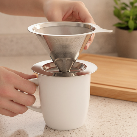 Filtro cafe goteo acero inox vertiendo cafe aromático taza blanca cocina chilena