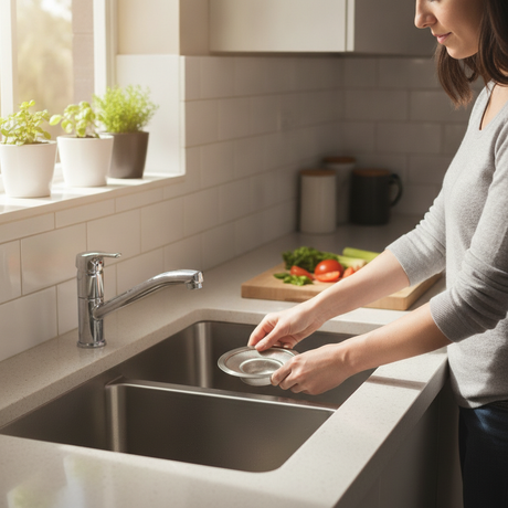 Filtro rejilla metalica lavaplatos cocina chilena instalado en desague