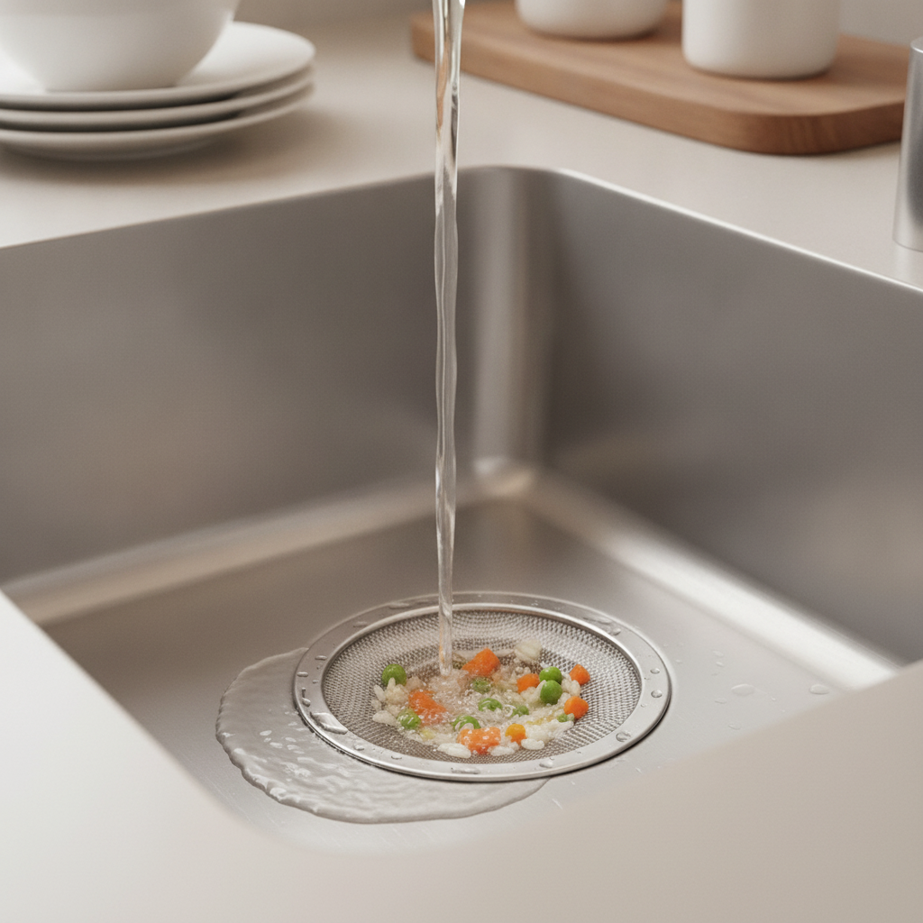 Colador fregadero acero malla fina atrapando restos comida cocina hogar
