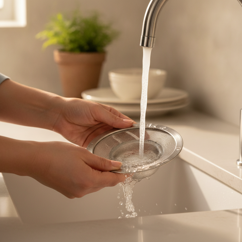 Mujer limpiando filtro metalico fregadero bajo agua grifo cocina