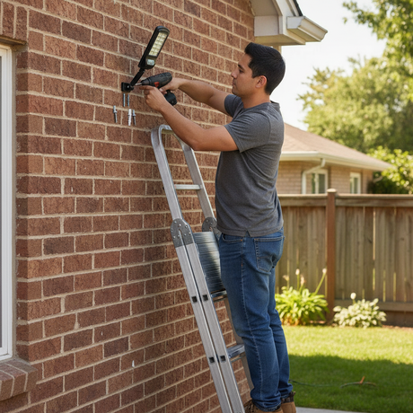 Foco solar exterior 120 LED COB sensor movimiento vista frontal fondo blanco