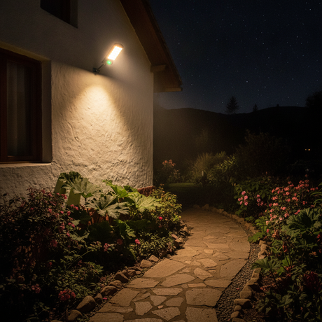 Lámpara solar exterior instalada jardín casa chilena noche sensor activado