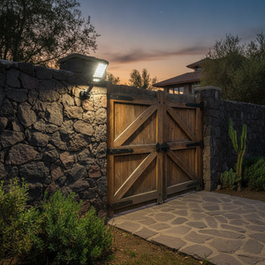 Reflector solar LED pared entrada quincho chileno atardecer iluminado