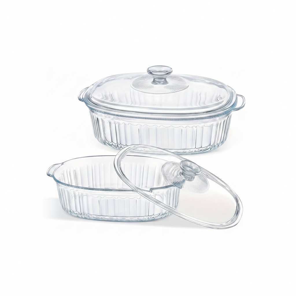 Fuente asadera vidrio borosilicato con tapa oval transparente acanalada vista frontal