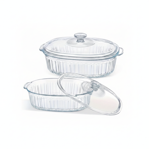 Fuente asadera vidrio borosilicato con tapa oval transparente acanalada vista frontal