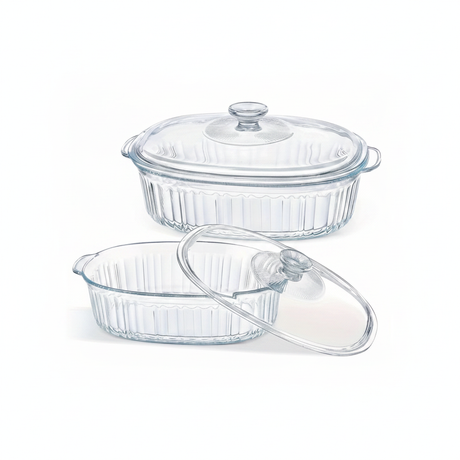 Fuente asadera vidrio borosilicato con tapa oval transparente acanalada vista frontal